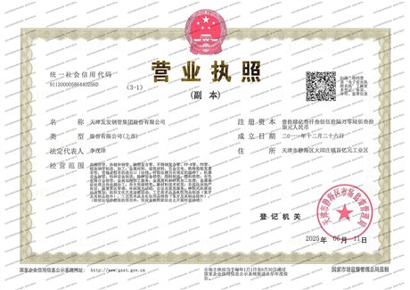 天津友发钢管集团股份有限公司营业执照，统一社会信用代码 91120000586440256D